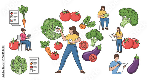 Health-conscious people prepare shopping lists and choose fresh organic vegetables like tomatoes, broccoli, and eggplant for cooking.