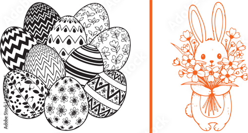 Easter bunny holding flowers and patterned eggs vector illustration isolated on white background