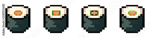 Banner Set of A collection of pixel art sushi rools icons featuring a avocado and salmon in a retro 8-bit video game vector graphic design