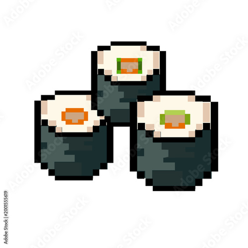 A collection of pixel art sushi rools icons featuring a avocado and salmon in a retro 8-bit video game vector graphic design