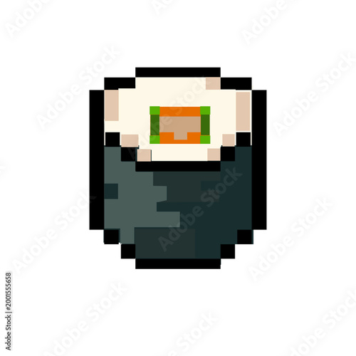 pixel art sushi rool icon featuring a avocado and salmon in a retro 8-bit video game vector graphic design