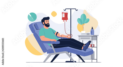 Brave man sitting comfortably in a medical reclining chair while donating blood at a hospital or health center facility.