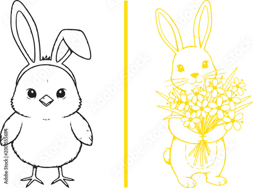 Easter chick wearing bunny ears and rabbit holding flowers vector illustration isolated on white background