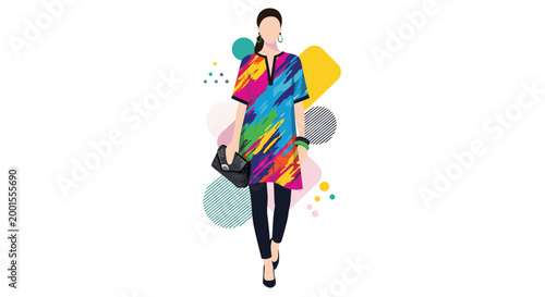 Confident young woman walking forward wearing a stylish tunic with colorful abstract patterns and holding a black clutch bag.