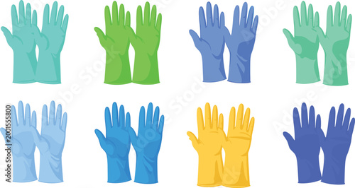 Colorful Rubber Latex Medical and Cleaning Gloves Flat Vector Illustration Set with Different Colors Safety Protection Hand Wear Collection