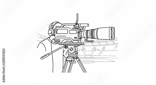 Cameraman wearing headphones operating a professional video camera on a tripod