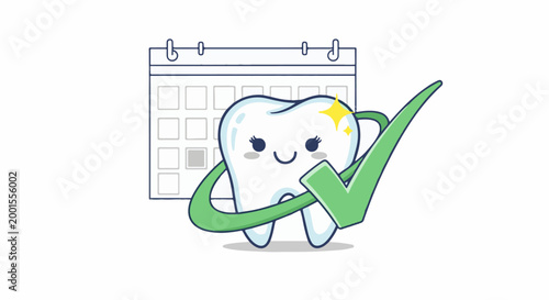 Cartoon tooth with checkmark and calendar