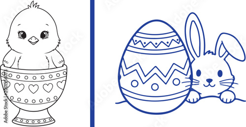 Easter coloring page vector illustration with chick in egg cup and bunny isolated on white background
