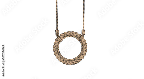 Simple handmade rope swing consisting of a thick circular braided rope seat hanging from two sturdy ropes from above.