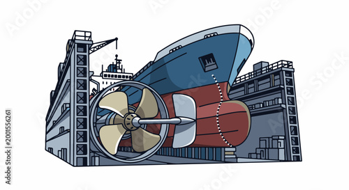 Cargo ship in dry dock with large propeller and hull detail