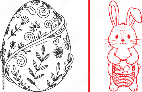 Easter egg with floral patterns and cute bunny holding basket line art illustration isolated on white background