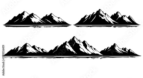 Mountains landscape icons set with rugged peaks, snow caps, and minimalist black silhouettes on white backgrounds