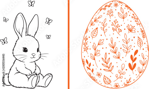 Cute cartoon bunny with butterflies and decorative floral Easter egg vector illustration isolated on white background
