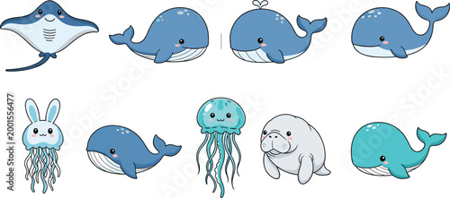Cute Blue Ocean Sea Animal Cartoon Vector Illustration Set with Whale Stingray Jellyfish Seal and Underwater Creature Character Collection