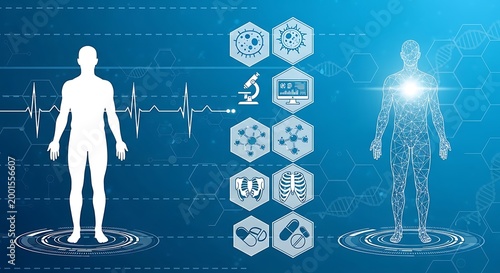 futuristic human body scan with medical technology and digital health icons