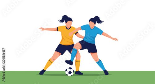 Two female soccer players in yellow and blue jerseys competing intensely for the ball on a green grass field.