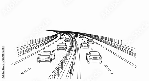 Cars driving on a multi-lane highway with guardrails and overhead structure
