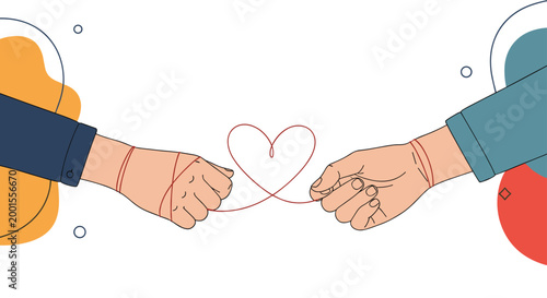 Two hands tied together with a thin red string that forms a heart shape in the center against a simple background.