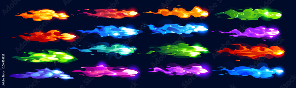 Fototapeta premium Plasma clots and comic gun fire effect vector trails in red, blue, green and purple flames. Fire streaks with dynamic movement and neon highlights. Plasma explosions and fire trails, flames and bursts
