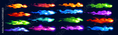 Plasma clots and comic gun fire effect vector trails in red, blue, green and purple flames. Fire streaks with dynamic movement and neon highlights. Plasma explosions and fire trails, flames and bursts