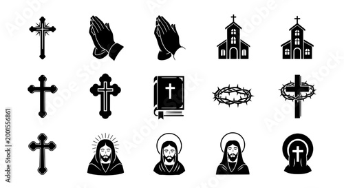 Religious icons set with crosses, praying hands, church buildings, and holy figures featuring bible, crown of thorns, faith with spirituality and
