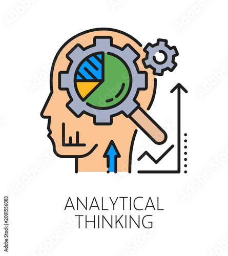 Analytical thinking life skill color line icon or pictogram. People potential vector symbol, life skill pictogram. Analytical thinking icon with human head silhouette, magnifying glass and diagram
