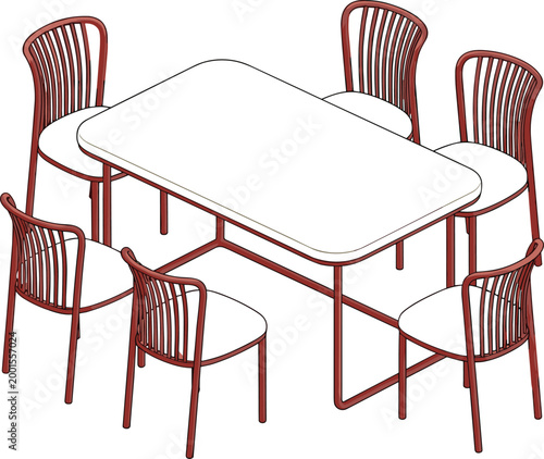 Dining table with six chairs set illustrating kitchen furniture, home interior, and modern dining room vector illustration