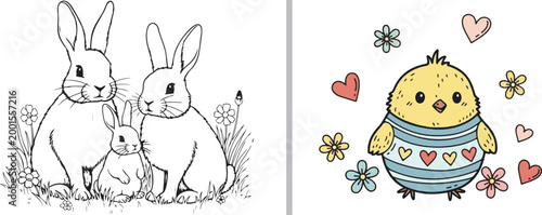 Easter illustration set featuring rabbit family coloring page and cute baby chick cartoon isolated on white background