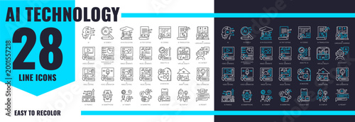 AI artificial intelligence technology line icons. Artificial intelligence software line vector icon. AI technology image, video and music editing, prompt text, coding, business idea generation symbols