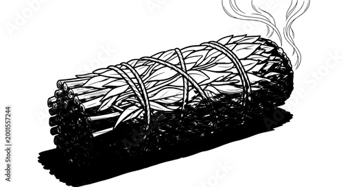 Smudge stick sage bundle with twine wrapping and smoke rising featuring spiritual, cleansing, ritual with meditation and relaxation elements for