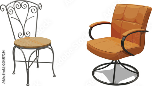 Chair set with vintage metal chair and modern swivel armchair illustrating furniture styles, interior design, and seating vector illustration