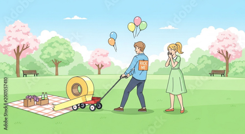 Joyful Spring Picnic: A delightful scene of a man playfully pulling a wagon of tape towards a woman in a park filled with cheerful ambiance, and celebratory balloons