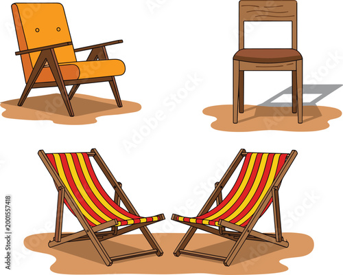 Chair set with armchair, wooden chair, and deck chairs illustrating furniture collection, indoor and outdoor seating, and vector illustration