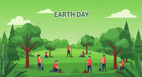 Earth Day Planting: Illustrative depiction of individuals celebrating Earth Day by planting trees in a vibrant meadow, promoting environmental conservation and green initiatives.
