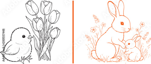Easter coloring book vector illustration featuring baby chick with tulips and rabbits in a meadow isolated on white background