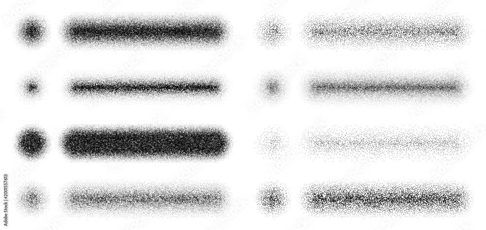 Fototapeta premium Noise grain brushes pack, strokes and dots set. Noise spray powder graffiti vector texture stroke, dust particle grungy airbrush gradient. Sand dot rough brush or grain wave paint shadow effect