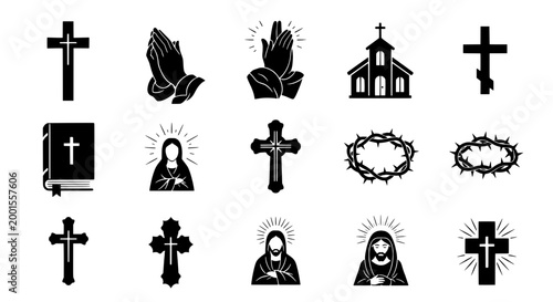 Christian icons set with crosses, church, and religious symbols featuring prayer, hands, halo with bible and crown of thorns elements for crucifix,