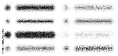 Noise grain brushes pack, strokes and dots set. Noise spray powder graffiti vector texture stroke, dust particle grungy airbrush gradient. Sand dot rough brush or grain wave paint shadow effect
