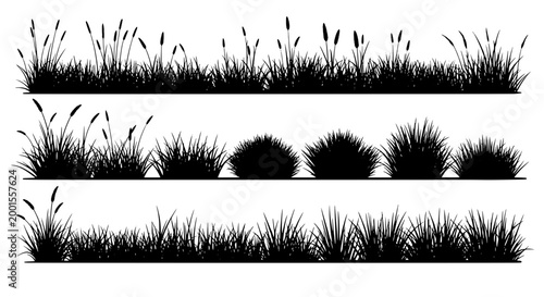 Grass illustration with various styles and shapes including tufts and clumps featuring nature, plants, landscape with environment and greenery