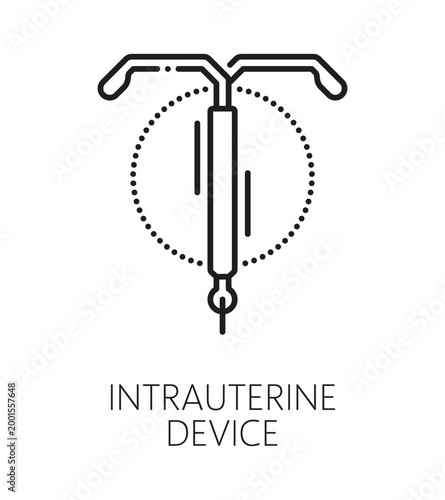 Intrauterine device gynecology medical line icon or pictogram. Urinary health outline symbol, pregnancy healthcare thin line vector icon. Reproductive medicine, gynecology sign with medical equipment