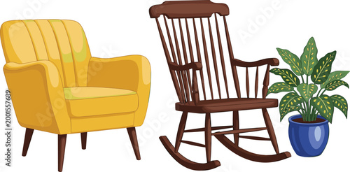 Cozy home furniture set with armchair, rocking chair, and potted plant illustrating interior design, living room decor, and vector illustration
