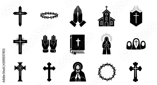 Religious symbols set with crosses, crown of thorns, and church icons featuring icon, faith, Christianity with prayer and holy elements for sacred,
