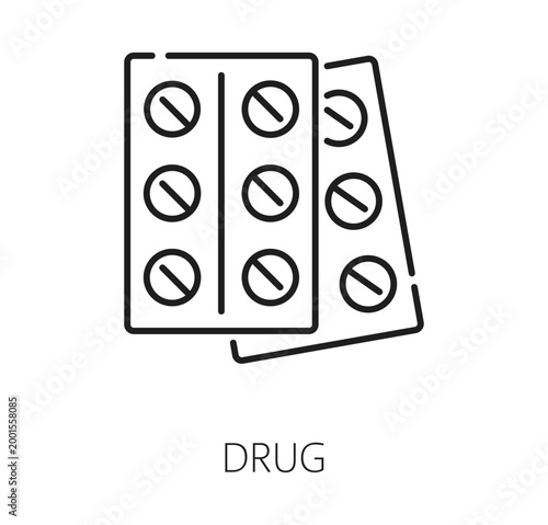 Allergen free icon or non food allergy pictogram of medical drug pills, line vector. No contains drug allergens or antibiotics and hormone free icon for health safe and non allergic product tag label