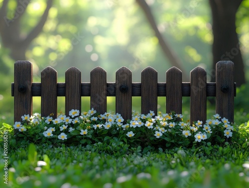 A small wooden picket fence stands amidst green grass and white flowers. This idyllic scene evokes feelings of peace, tranquility, and springtime bliss.