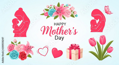 Mother's Day: A tender illustration celebrating the bond between mothers and their children, featuring silhouettes of a mother cradling a baby, beautiful floral arrangements, hearts, and gift boxes.