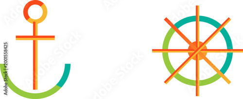 Gradient line art icons of marine boat anchor and a nautical ship steering wheel illustration