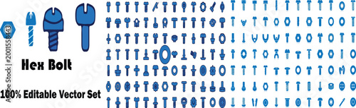 Industrial hex bolt icons set, blue hardware fastener vector collection, mechanical screw and nut symbols for engineering and construction projects