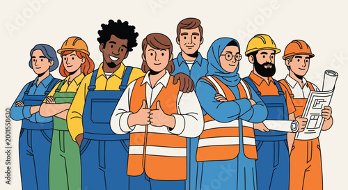 Diverse Construction Team and Engineers Standing Together Smiling in Safety Uniforms Illustration
