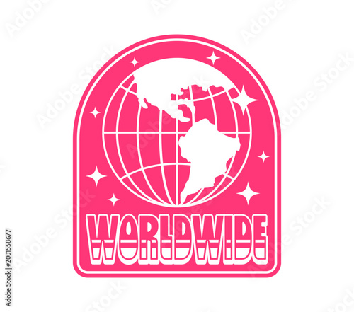 Worldwide geography globe Y2K funky sticker or symbol. Planet Y2K vector terrestrial sphere label, world globus tag. Earth wireframe sticker with white globe and funky typography on pink background