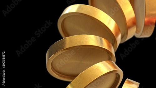 Photos Gold coins, distributed in circular form, display polished metallic surfaces with warm specular highlights on a black backdrop